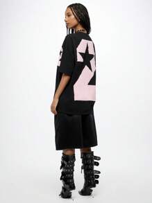 SUMWON WOMEN Oversized Varsity T-Shirt Gothic Cross Necklace Grunge Alternative Style Street Fashion Aesthetic Star Logo Short Sleeve Casual Top Fall Winter Collection - Black - View 4