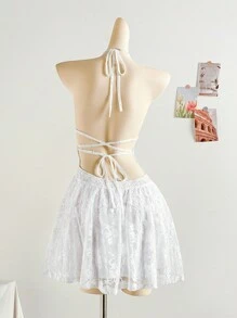 Soleia Bohemian  ,Boho, Romantic Floral ,Vacation, Floral  4th Of July Clothes  Rave Outfits White Graduation Dress Party Dress Graduation Outfit 4th Of July Dress  Butter Yellow 4th Of July Festival Concert Vacation Dress Elegant Getup White Knit Elastic Mesh Lace Hollow Out Tie Closure Mini Dress For Ladies,Sun Dress