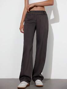 Femmeiva Women's Retro Oversized Waist Low-Rise Flared Leg Long Pants Fall Cloth For Women - Dark Grey - View 4