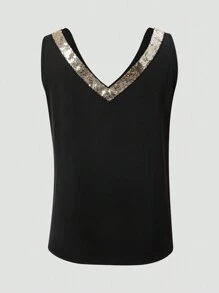 Women's Solid Color Patchwork V-Neck Sleeveless Simple Casual Blouse - Black - View 3