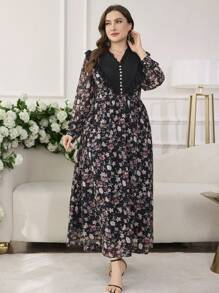 Modelyn Damen V-Ausschnitt Volant besetztes Blüten Langarm Kleid, elegant, schlankend, Große Größen - Verschiedenfarbig - Übersicht 3