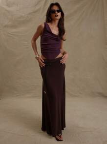 MUSERA 露肩高领褶皱侧边弧形下摆修身上衣，性感迷人，适合伊比沙岛音乐节、假日外出、夜店等场合，秋冬春夏皆宜。 - 紫色 - 查看 5