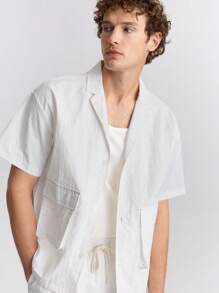 Ontre Men's Plain Front Button Short Sleeve Pocket Casual Shirt - White - View 1