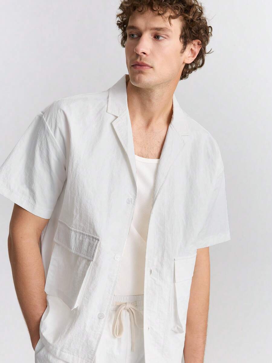 Ontre Men's Plain Front Button Short Sleeve Pocket Casual Shirt - White - View 1