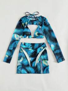 Slaydiva 女士印花简约修身比基尼上衣和下装泳装套装，适合夏季海滩度假 - 彩色 - 查看 4