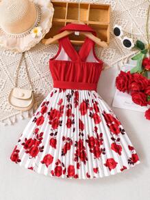 SHEIN 斋月少女玫瑰印花领带褶皱下摆连衣裙，奢华优雅的节日花园风格 - 彩色 - 查看 2