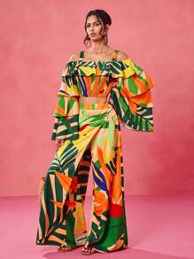 BELANGE HANDMADE Designer Boho Bohemian Multicolor Tropical Floral Print Buttoned Wide-Leg Casual Pants For Spring And Summer Vacation, Festival, Ibiza Fits Resort Pants