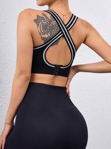 SHEIN Sports 女士时尚条纹撞色可调节运动胸罩 - 黑色 - 查看 3