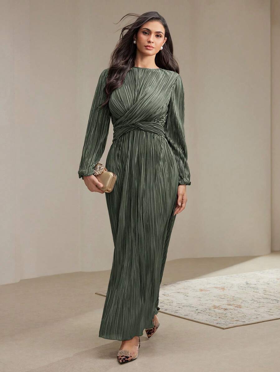 Veilorie Women's Elegant Solid Color Twist Tie Waist Pleated Dress, Spring Autumn Modest - Green - View 1
