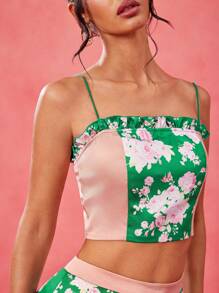 By Lucila Fernandez Designer Boho Bohemian Green Floral Printed Satin Spaghetti Straps Ruffle Smocking Top, Festival, Spring Summer Vacation Crop Top Casual Cute Top - Green - View 2