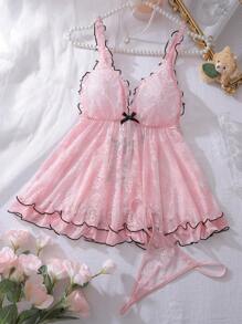 PetitDoll 2pcs Lovely Sexy Floral Lace Ruched Bowknot Babydoll Lingerie Set With G-String In Black And Pink Bowknot, Rave - Pink - View 5