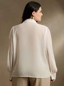 Anewsta Plus Size Women's Elegant 3D Floral Lantern Long Sleeve Blouse,White Summer Semi-Sheer Modest Cream Shirt For Tea Party,Festival,,Vacation - Apricot - View 2