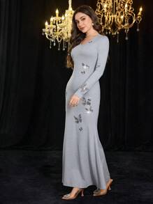 Modelyn Women V-Neck Long Sleeve Butterfly Decor Minimalist Long Dress