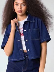 Athîral Cowgirl Women Casual Simple Short Sleeve Denim Jacket Western Wear Women - Navy Blue - View 2