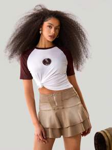 Athîral Camiseta casual de mujer de manga corta con estampado de botas de colorblock