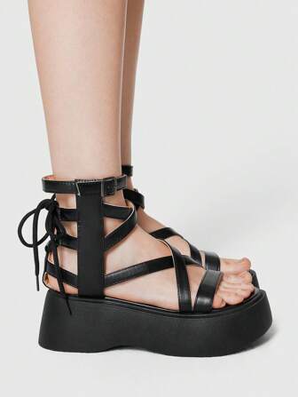 Goth Sandali con zeppa alla moda da donna, design con fasce incrociate e punta aperta, altezza tacco a zeppa 7,5 cm, stile sexy, materiale in PU, colore nero, sandali con zeppa per spiaggia, resort o festa in piscina