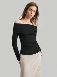 Ontre 女式黑色长袖露肩衬衫，带 3D 玫瑰花图案，夏季女士春季上衣，长袖女士上衣 - 黑色 - 查看 2