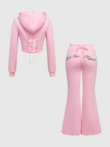 ROMWE Avant 2 件 Y2K 街头服饰刺绣蝴蝶结露背连帽衫套装（女款）