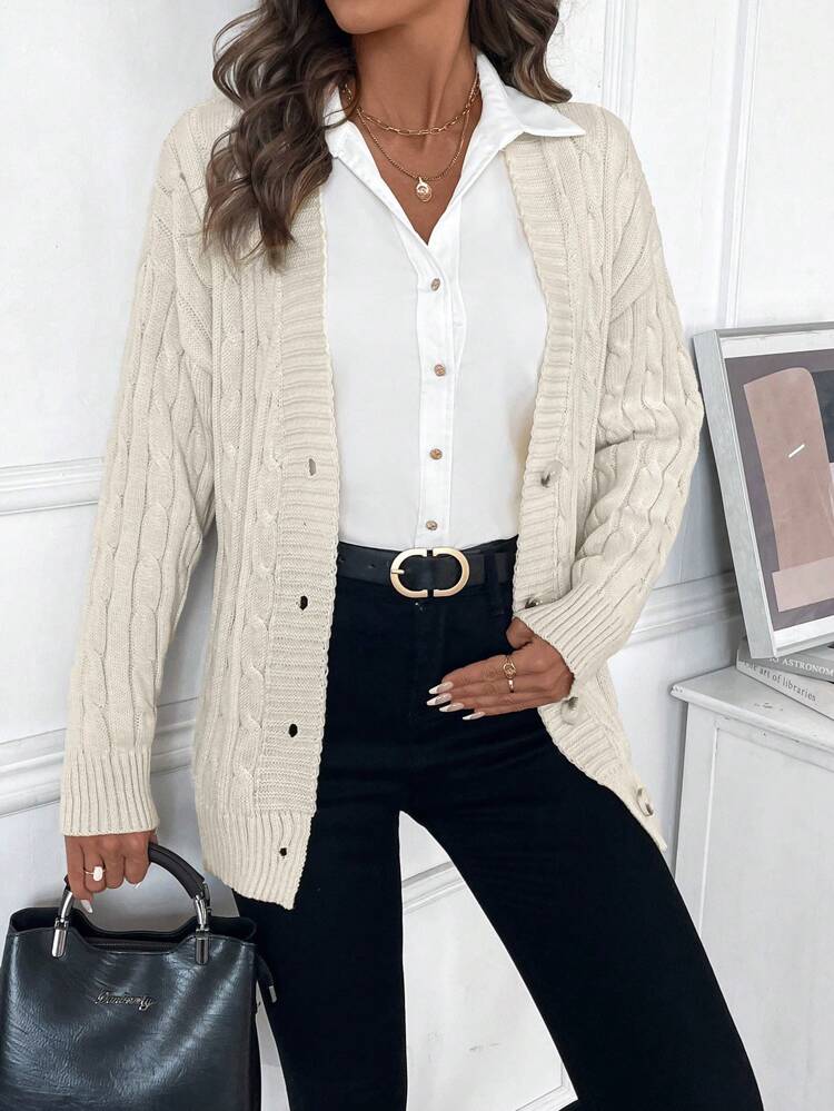 Women's Solid Dropped Shoulder Long Sleeve Single-Breasted Casual Cardigan, Autumn/WinterSpring
