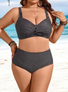 Swim Lushoire Plus Size Women 2pcs Polka Dot Printed Set, Thick Strap Twist Front Top And High Waist Triangle Bikini, Holiday Swimwear, For Summer Beach Vacation - Black and White - View 3