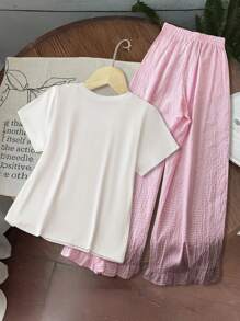 Franclia 2pcs/Set Korean Style Cute Bow Frill Trim T-Shirt And Loose Plaid Pants, Plus Size - Pink - View 2