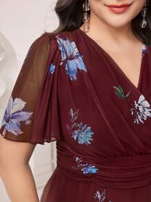 Modelyn 大码春夏花卉印花系带中长连衣裙，优雅晚会长连衣裙 - 酒紅色 - 查看 8