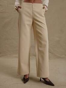 MUSERA Tailored Low Rise Zip Front Straight Leg Trousers With Pockets Cute Sexy Vacation Summer Sexy Chic Elegant Casual - Yellow - View 2