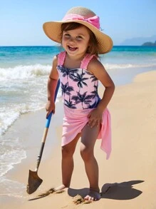 1pc Young Girl Coconut Tree Print One-Piece Swimsuit - Multicolor - View 1