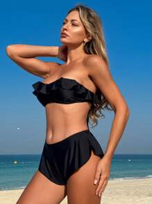 SHEIN Swim Quần short đi biển dễ thương viền bèo nhún màu trơn Springbreak dành cho nữ vào mùa hè - màu đen - Xem 6