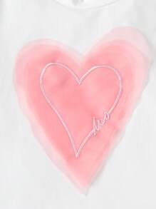 2pcs/Set Girls' Valentine's Day Heart Mesh Decor Cute Sweet Pink 3D Heart Short Sleeve Top And Heart Print Shorts Set - Multicolor - View 2