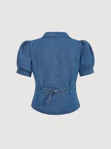 SHEIN MOD Plus Size Women Dark Blue Denim Collared Short Sleeve Bodycon Top,Summer Casual Everyday Y2k Cowgirl 90s Streetwear 2000s Style Rave Festival Concert - Blue - View 7