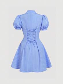 SHEIN MOD Robe à manches bouffantes rayées bleu et blanc avec taille froncée