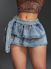 SHEIN BAE Minifalda vaquera con volantes y lavado para mujer - Azul - Ver 5