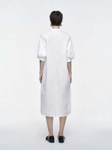 Aalyst 女式长款立领泡泡袖纽扣衬衫，宽松版型，春夏 - 白色 - 查看 2