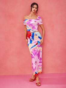 EBIB Designer Floral Printed Asymmetric Ruched Shoulder Top And Skirt Two-Piece Elegant Romantic Rave Set, Festival Resort Outfits Party Outfit Resort Dresses For Women Resort Wear For Women Party Outfit Party Dresses For Women Cocktail Dresses Resort Wear 2025 Women Set Vacation Outfits Women Resort Wear - Multicolor - View 5