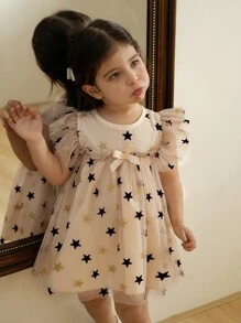 SHEIN Baby Girl Star Mesh Bow Cap Sleeve Cap Sleeve Dress, Comfortable Sweet Style, Featuring Luxurious & Elegant Design, Perfect For Outings - Apricot - View 5