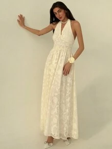 Aloruh 婚礼场合无袖 V 领褶皱雪纺连衣裙，白色 - 米色 - 查看 6