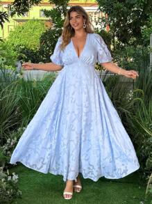 Flirla Plus Size Elegant Deep V-Neck Jacquard Puff Sleeve Knit Dress - Blue - View 4