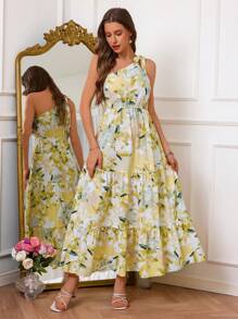SHEIN VCAY Vestido largo de mujer con cuello de hombro, lazo y estampado romántico para vacaciones de verano, ideal para fiestas, bodas, festivales de música, citas, fiesta con amigos o para la oficina