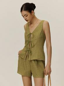 Poéselle Stylish V-Neck Top And Loose Shorts Set With Lace-Up Details - Perfect For Summer Daytime Outfits, V-Neck Summer Fashion, Women's Two-Piece Sets, Chic Lace-Up Detail Sets, Olive Green Attire, Casual Summer Sets