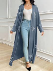 Al Najma 女士长袖蝴蝶结休闲长袍，休闲端庄开襟长袍，适合日常休闲/派对 - 霧霾藍 - 查看 6