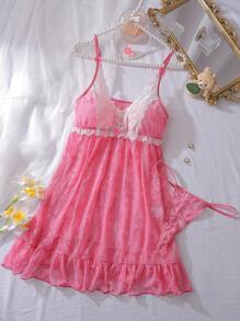 PetitDoll 2 Stücke süß niedliche Blumen Spitzen Patchwork Rüschen transparente sexy Schleife Damen sexy Nachthemd und String Set, rosa-weiß
