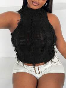 Maweii 大码网眼性感透明细肩带背心 - 黑色 - 查看 2