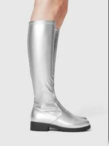 ROMWE Goth Punk Party Patent Leather Pointed Toe Flat Over-The-Knee Boots, Silver Spring Shoes - Silver - View 4