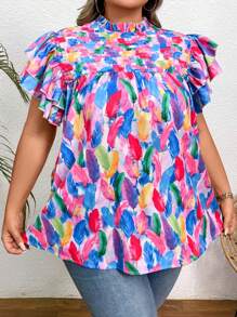 SHEIN CURVE+ 大码女式休闲花卉印花双荷叶边袖宽松衬衫，夏季波西米亚风度假