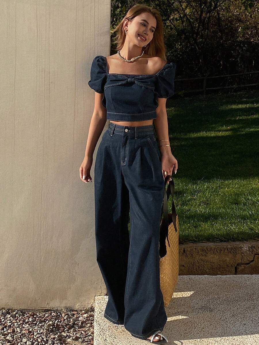 DAZY 女式方领短袖蝴蝶结衬衫和牛仔裤两件套 - 深色水洗藍 - 查看 1