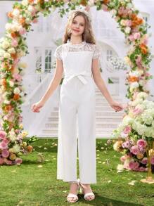 Tween Girls Elegant Lace Splice Long Zipper Jumpsuit, Suitable For Spring/Summer Wedding Flower Girl - White - View 5