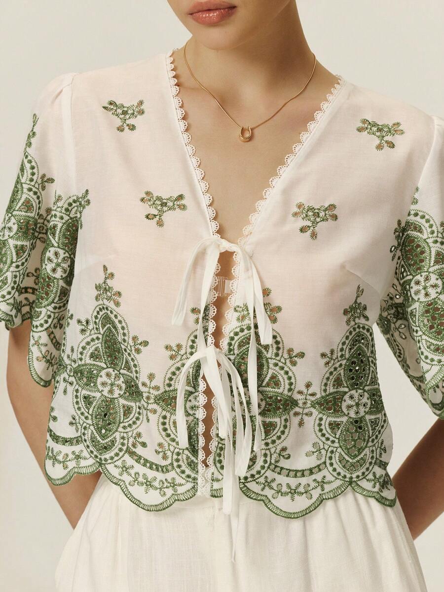 Poéselle Áo croptop mùa hè màu trắng tay bèo thêu họa tiết, kiểu buộc dây, áo kiểu mùa hè cho nữ, buộc dây phía trước, áo kiểu buộc dây, áo tay ngắn, áo kiểu mùa hè dễ thương. - màu xanh lá - Xem 1