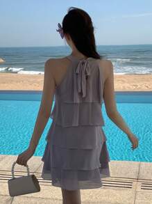 DAZY 女士纯色无袖荷叶边系带吊带背心夏季