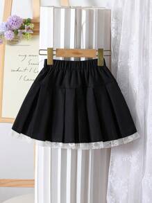 Young Girl Black Lace Patchwork Pleated Skirt With Bow, Versatile Sweet School Style Fashionable Skirt, Summer